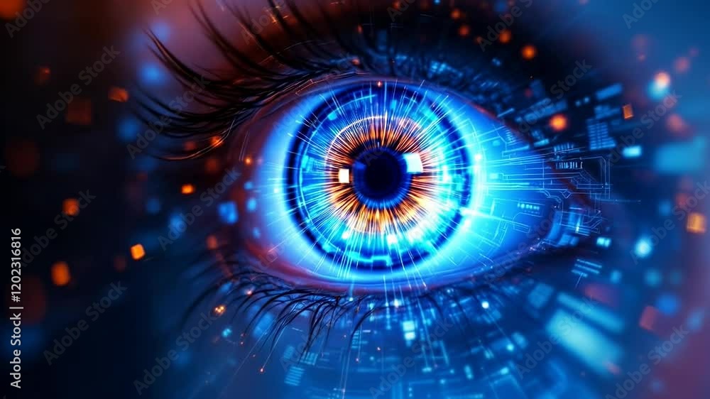 Poster futuristic digital eye with glowing blue technology pattern. abstract cyber security and biometric s