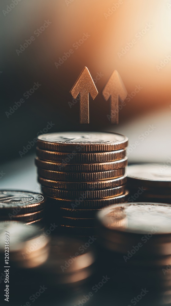 Aufkleber stack of coins showing increasing value with two upward arrows, representing investment growth, fina