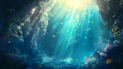 Sunbeams penetrate the turquoise water, illuminating a shimmering underwater world with a captivating display of light and movement. Shimmering Underwater World. Illustration