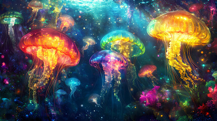 Fototapeta premium Surreal glowing jellyfish dance underwater world digital art vibrant environment close-up viewpoint surrealism concept for seo impact. Shimmering Underwater World. Illustration
