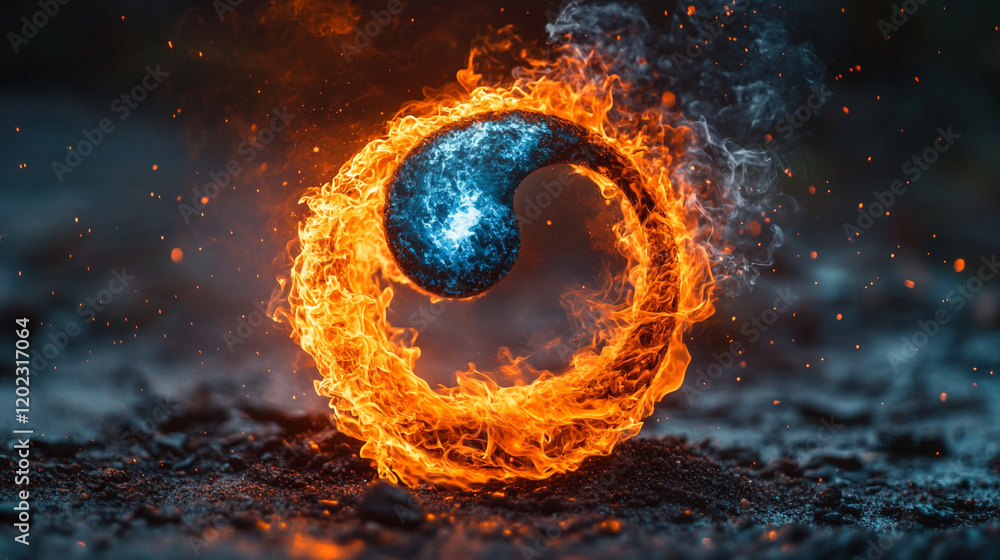 Poster fire and water swirl in a dynamic elemental representation