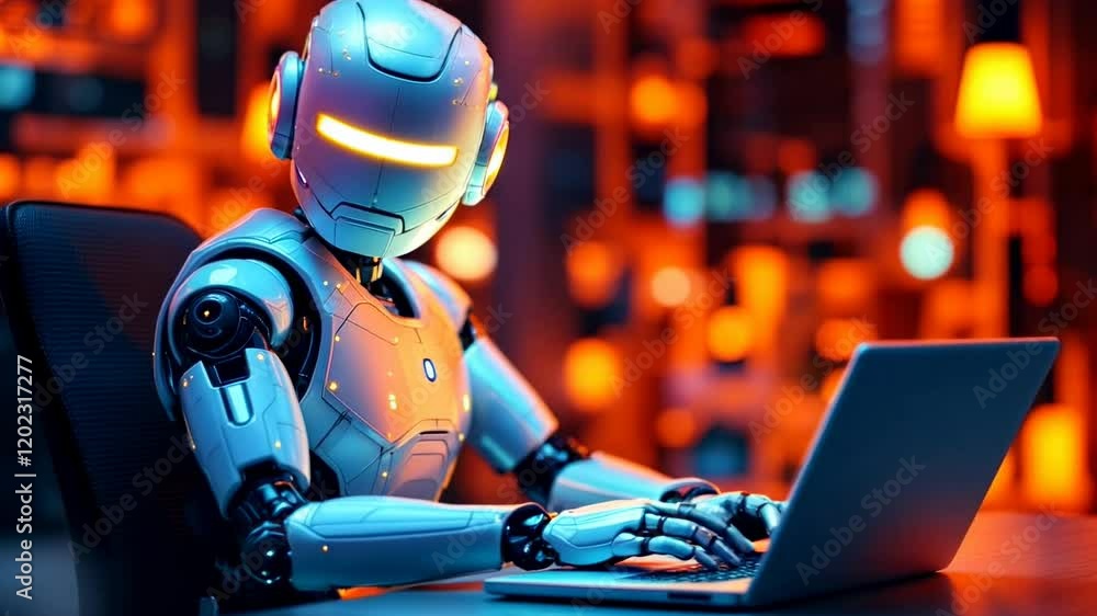 Poster advanced ai robot working on laptop in orange ambient light. futuristic artificial intelligence tech