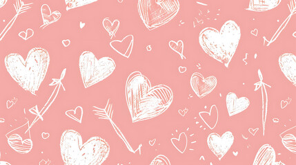 Continuous pattern of hand-drawn hearts and arrows on pastel pink