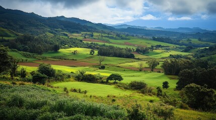 Obraz premium Serene Rolling Hills Landscape Panorama Green Fields