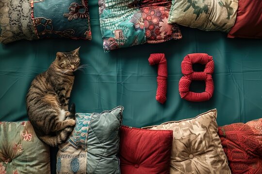 A cozy cat naps amidst colorful pillows with the number 18 beside it