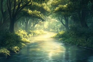Fototapeta premium Sunlit forest stream surrounded by lush trees