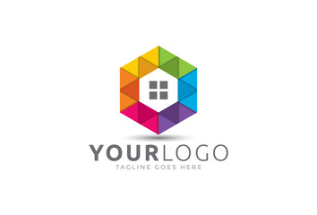 Hexagon Real Estate logo. Isolated Window icon inside Colorful Polygonal Geometric Mosaic. Graphic Logotype Element for House, home, Property, building, apartment, hotel, construction, residential,