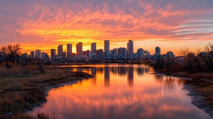 Fototapeta premium City skyline sunset reflection, urban lake, fiery sky, tranquil scene, travel postcard