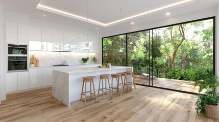 Modern kitchen with island, forest view, sunlight. Home design, real estate listing