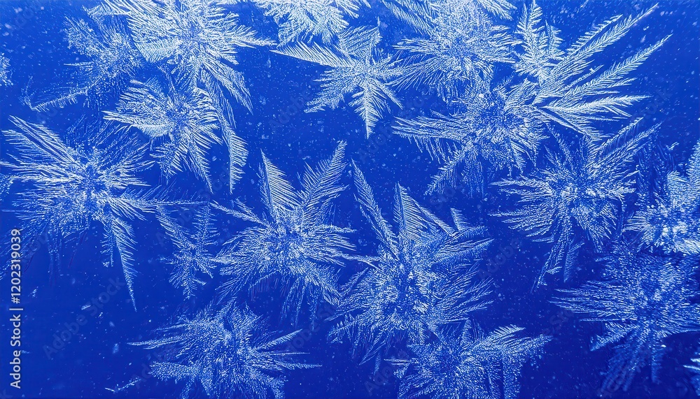 Aufkleber intricate frost patterns resembling delicate ice feathers on a vibrant blue background for abstract design or winter themes