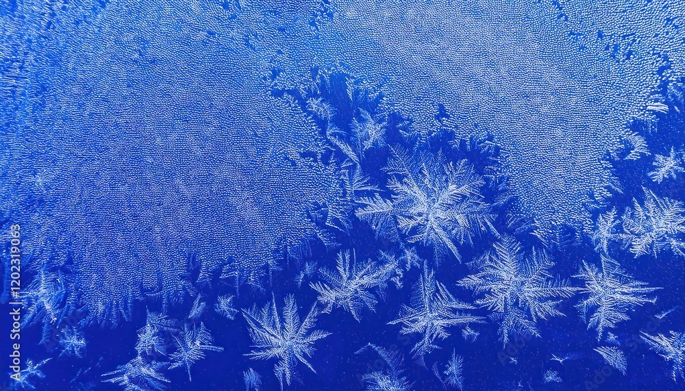 Poster intricate frost patterns resembling delicate ice feathers on a vibrant blue background for abstract design or winter themes