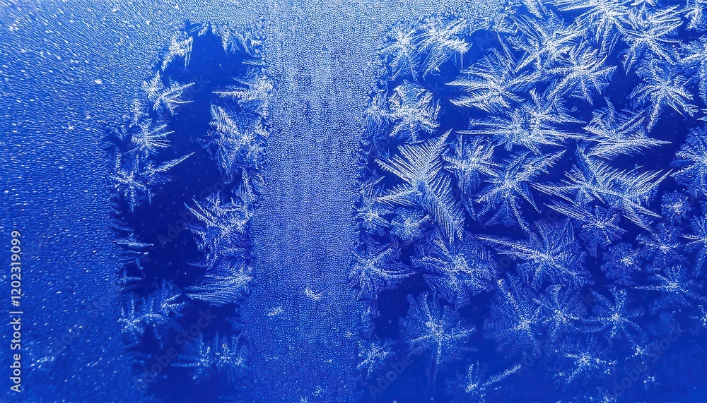 Poster intricate frost patterns resembling delicate ice feathers on a vibrant blue background for abstract design or winter themes