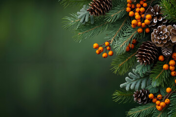 A bunch of pine cones and berries on a branch of a tree