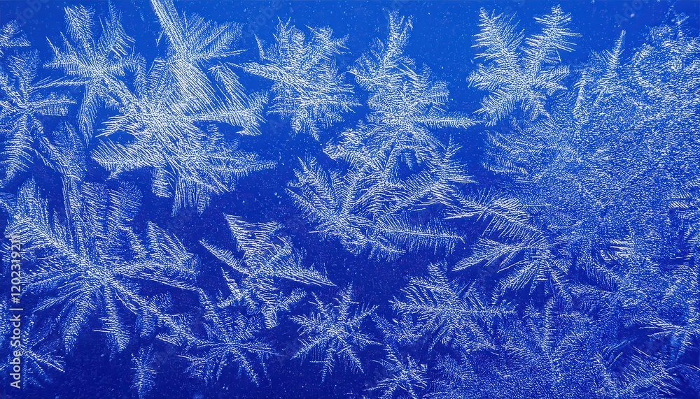 Poster intricate frost patterns resembling delicate ice feathers on a vibrant blue background for abstract 