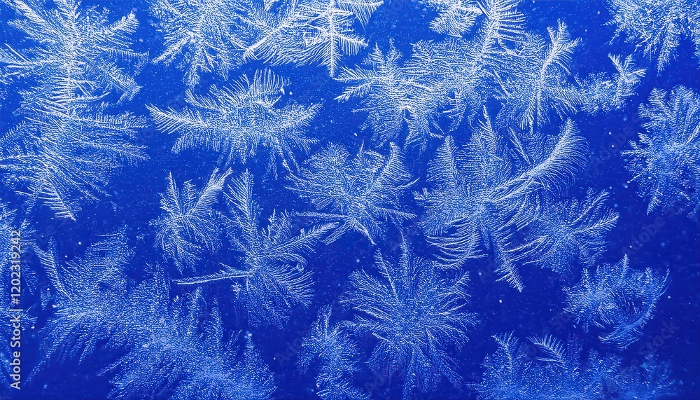 Poster intricate frost patterns resembling delicate ice feathers on a vibrant blue background for abstract 