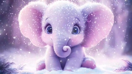 Soft lavender baby elephant enjoys playful moments in a snowy forest setting. glitch stream overlay seamless loop Vtuber streamer asset twitch zoom OBS screen animated wallpaper virtual background - Powered by Adobe