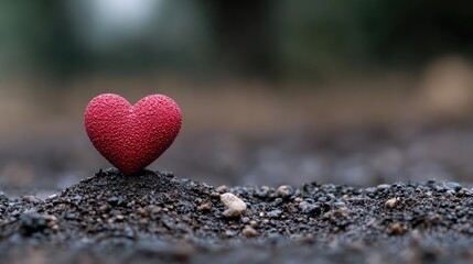 Fototapeta premium Red heart on dark soil, blurred green background. Hope, nature, love, growth, environment