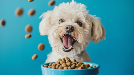 a playful and vibrant photo of a happy small dog with fluffy beige fur, joyfully looking up at falling dry dog food above a blue bowl, set against a bright blue background, cheerful and energetic  