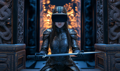 Warrior knight in VR glasses with a sword