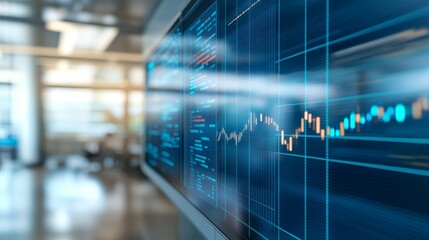 Financial dashboard displaying real time cryptocurrency market data, showcasing investment trends and growth potential on a series of monitors in a modern office environment