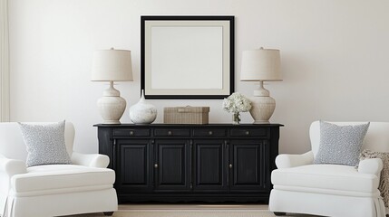 Cozy interior of living space with two white sofas, black wooden cabinet close to flooring lamp and mock up poster frame. Home decor in room with template art in room on copy space wall