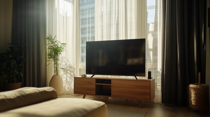 Obraz premium Modern Home Living Room Interior. Luxurious Stylish Modern Apartment. Scandinavian Design. TV Screen, Sunlight, Windows and Curtains. Wide Angle 