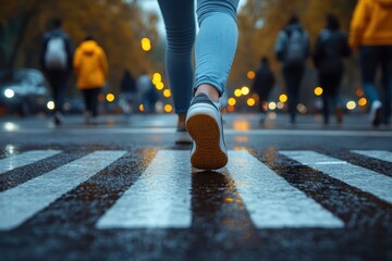 Fototapeta premium Low-angle view of pedestrians on a zebra crossing, symbolizing bustling city life.