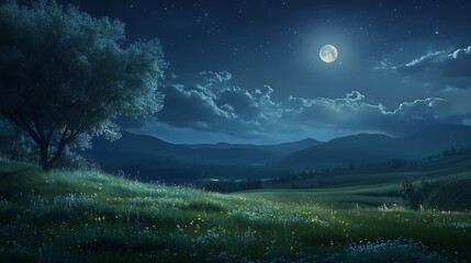 Magical landscape with ethereal light shining in a moonlit field
