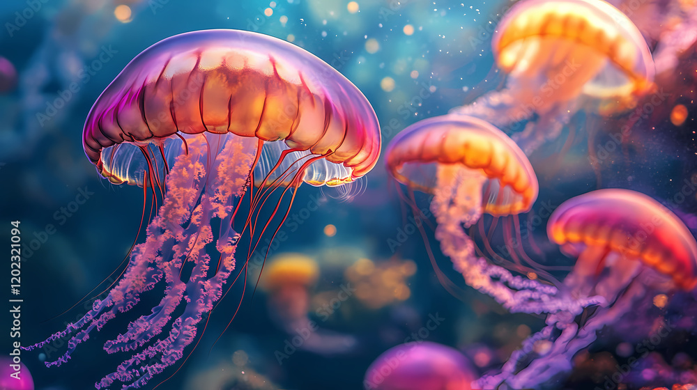 Wall mural A shimmering underwater world teeming with life, where vibrant jellyfish drift amidst colorful coral reefs, bathed in ethereal light. Shimmering Underwater World. Illustration