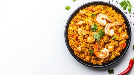 A vibrant bowl of shrimp fried rice garnished with fresh herbs, showcasing a delicious blend of flavors and textures, perfect for a satisfying meal.