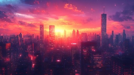 Fototapeta premium Vibrant Cityscape Illustration at Sunset with Modern Skyscrapers - Generative AI