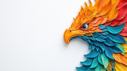 Obraz premium A vibrant, artistic representation of a phoenix, featuring intricate details and a colorful palette of orange, blue, and green against a minimalistic background.