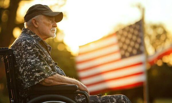 elderly war hero veteran in wheelchair with american flag in background with solemn atmosphere with copy space. Memorial Day, Veterans Day