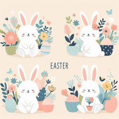 Fototapeta premium Cute flat illustration of Easter bunny with flowers and eggs. easter card 