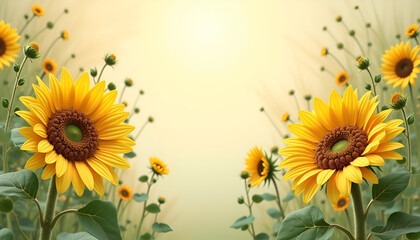 Bright sunflowers in a field under soft sunlight, cheerful and vibrant, floral background with copy space 