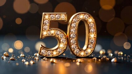 Gold number 50 with diamonds on a background with a side.