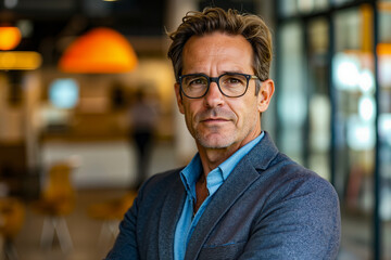 Fototapeta premium A man wearing glasses standing in front of a window