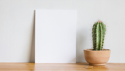 White empty poster and cactus in pot on wooden table. Minimalist template design. Mock-up. Close-up