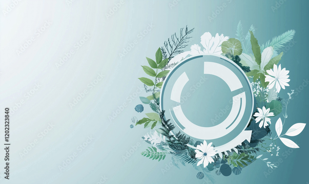 Poster abstract circular design surrounded by floral elements on a soft gradient background.