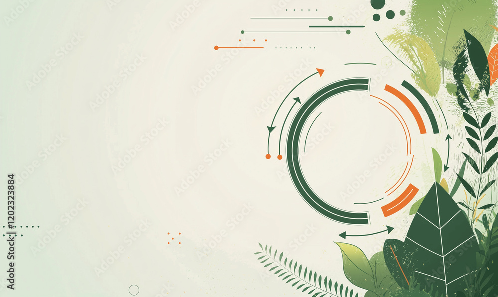 Poster abstract design featuring circular patterns and green foliage elements on a light background.