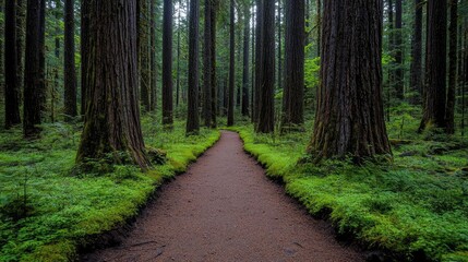 Fototapeta premium Forest trail path, nature walk, lush greenery, peaceful scene, hiking