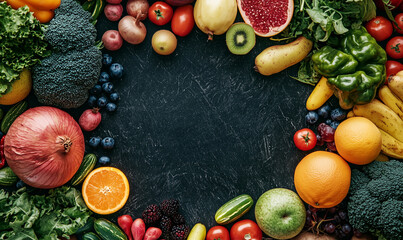Fresh fruits and vegetables arranged around a dark surface, creating a vibrant, healthy composition.