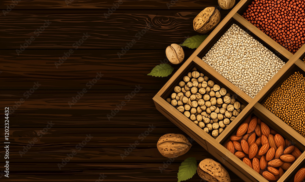 Poster assorted seeds and nuts arranged in a wooden box on a rustic table.