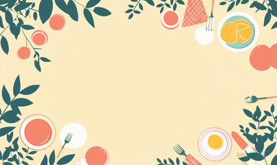 Colorful food illustration with plates, utensils, and greenery, creating a vibrant frame against a light background.