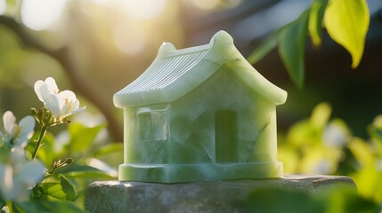 A green house is sitting on a rock in a garden. The house is made of stone and has a unique design. The garden is full of flowers, creating a peaceful and serene atmosphere