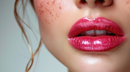 Close-up Portrait of Beautiful Young Woman with Red Lips Makeup