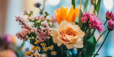A vibrant display of various flowers including roses, daisies, and other blooms arranged in a clear vase, illuminated by natural light