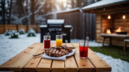 wooden table and winter party in backyard garden with grill BBQ, blurred background 