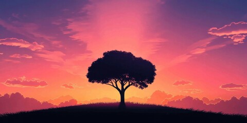 A solitary tree stands atop a hill during sunset, silhouetted against a vivid sky filled with purple, pink, and orange hues, creating a serene atmosphere