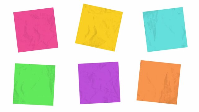 Sticky notes paper collection in 6 different colors on isolated transparent background. Square format reminders. Memo notes. Blank paper sheet. Loop Video | 4K UHD ProRes 4444 | Transparent Background